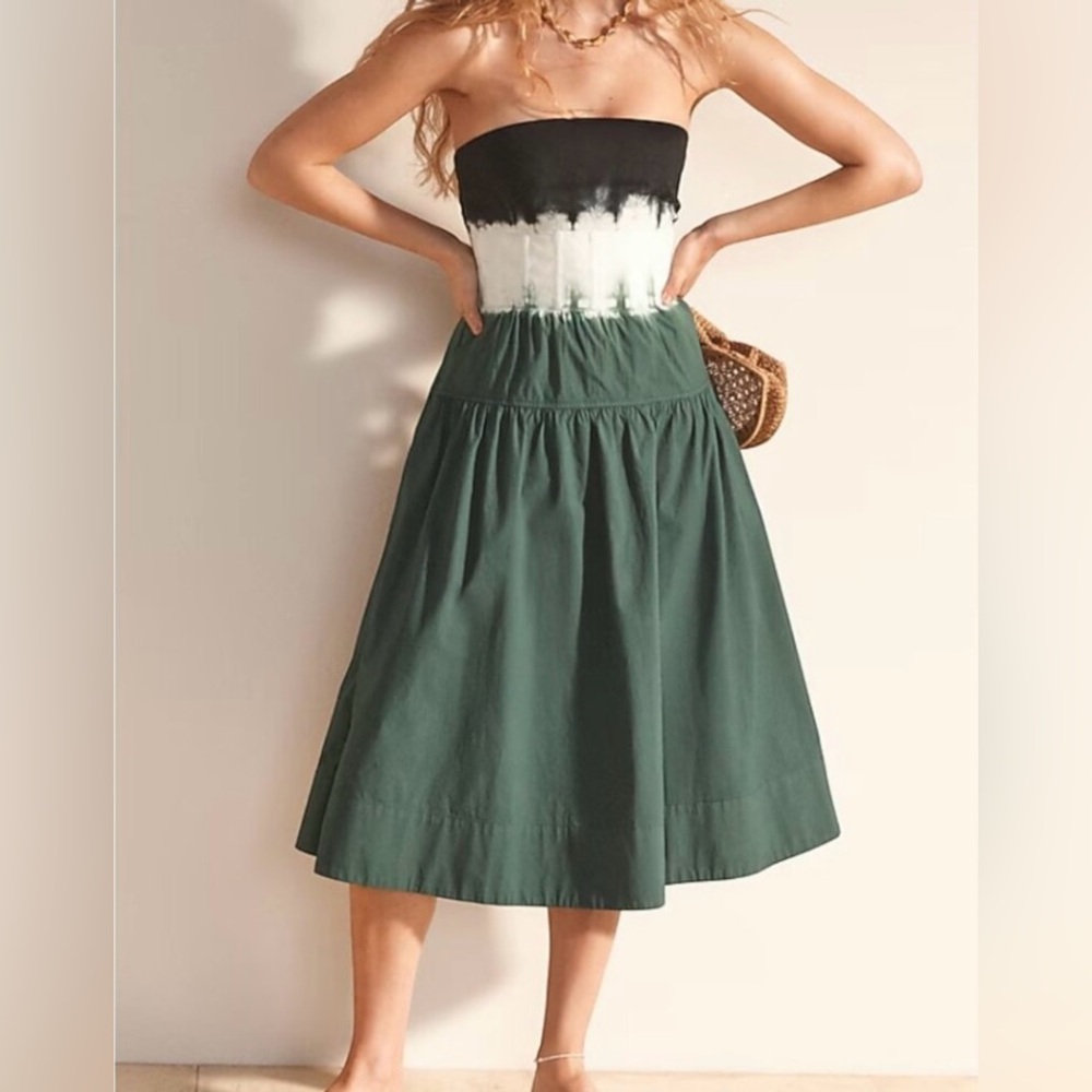 J. Crew Strapless Midi Dress in Black, White & Forest Green -NWT